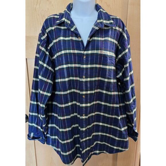 VTG Deep Country Plaid Flannel Shirt L 100% Cotton Button Front Blue Green Yello - Picture 1 of 8